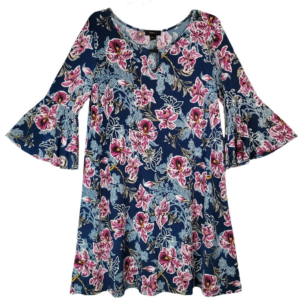 Espresso Dress Womens L Floral Blue Pink 3/4 Bell Sleeve Hawaiian Boho